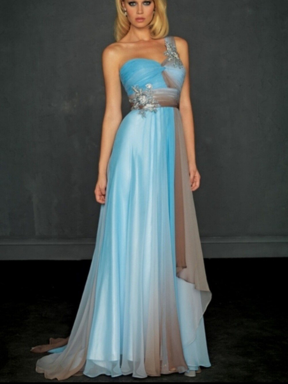 Evenings by Allure One Shoulder Mesh Embellished Applique Ombre  Dress Sz 6